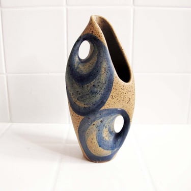 Vintage 1960s Studio Pottery Bud Vase - Brown Speckled Asymmetrical Vase Indigo Blue Detail - MCM Minimalist Pottery Decor - Friend Gift 