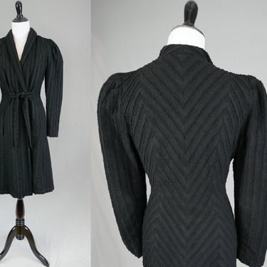 30s 40s Black Coat - Textured Stripes - Princess Cut - Vintage 1930s 1940s - XS S 