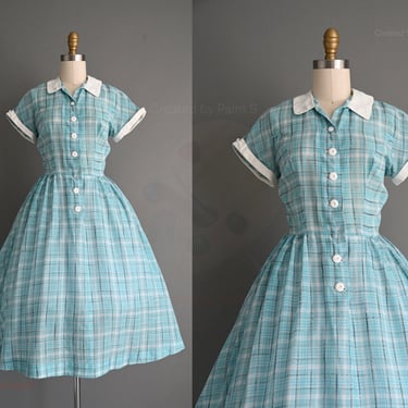 vintage 1950s dress | Blue Plaid Print Full Skirt Cotton Summer Dress | Small 