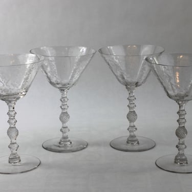 1940s Cambridge Diane Etched Crystal Cocktail Glasses Set of 4 
