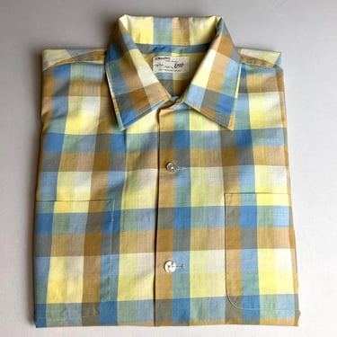 Vintage 60s Enro Light Yellow and Blue Plaid Short Sleeve Shirt Size Large 