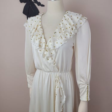 Vintage 1970's White Sequin Disco Dress / 70s Polyester Faux Wrap Dress S 