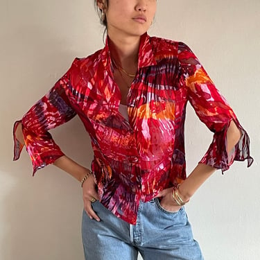 90s devore velvet blouse / vintage French semi sheer red devore velvet bell sleeve cropped jewel tone abstract blouse | Medium 
