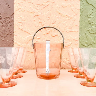Set of Six Etched Pink Glasses and Ice Bucket