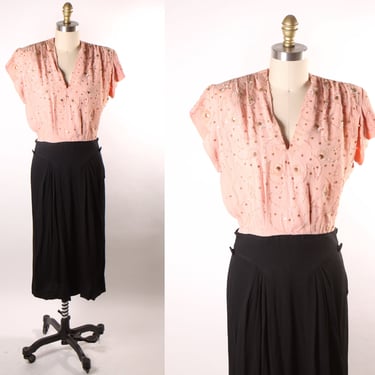 1940s Pink and Black Sequin Detail Short Sleeve Dress -L 