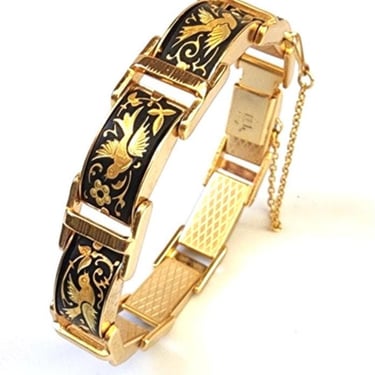 Vintage Damascene Bracelet Gold Black Birds IA 