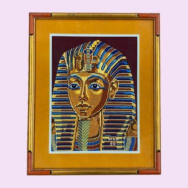 Vintage King Tut Needlepoint 1980s Retro Size 24x19 Eclectic + Handmade + Egyptian Wall Art + Brown/Blue/Tan + Embroidery + Home Decor 