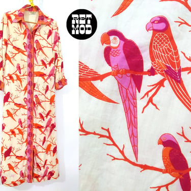 Chic Vintage 70s Pink & Orange Bird Patterned Long Thai Dress 