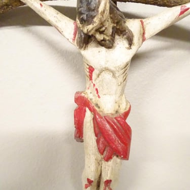 Antique 20 Inch Crucifix Jesus Christ, Hand Carved Polychrome Santos on Tree Limb Cross, Vintage Religious Church Decor 