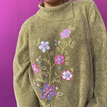 1990s Sage Green Floral Sweater, sz. 2X