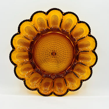 Vintage Amber Golden Indiana Glass Hobnail 15 Deviled Egg Tray Plate Platter by LeChalet