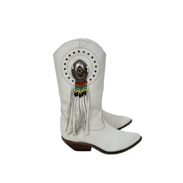Zodiac White Leather Beaded Fringe Western Cowboy Boots I Sz 6.5 