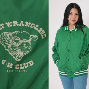 Vintage 80s Green 4-H Club Jacket Beef Wranglers Erie County Snap Button Up Cow Windbreaker Striped Uniform Track Jacket Medium 