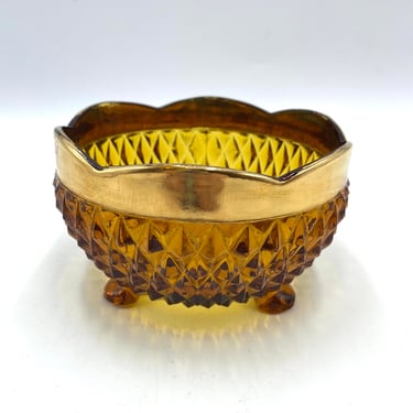 Indiana Glass Diamond Point Amber with Gold Trim Candy Bowl, Trinket Dish, Home Decor, Orange Brown Glass, Vintage Glassware 