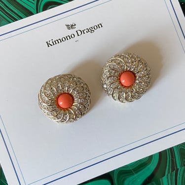 60s Coral &amp; Diamond Pave Clip On Earrings