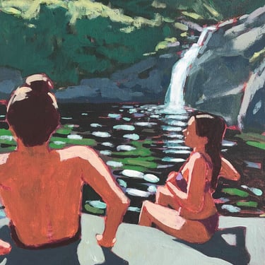 Swimming Hole - Original Acrylic Painting on Canvas 12 x 16, people, water, swimsuit, waterfall, girl, fine art, michael van, Texas, small 