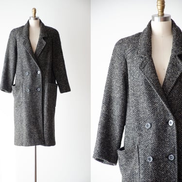 herringbone wool coat | 80s 90s vintage black brown white dark academia heavy warm wool jacket 
