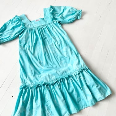 1980s Blue Floral Trapeze Dress 