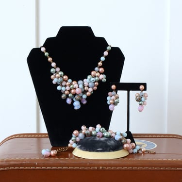 vintage 1950s Murano glass necklace set • pastel pink & blue beaded bib necklace with matched earrings and bracelet 
