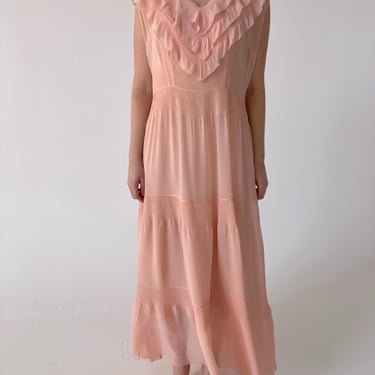 1930's Peachy Pink Silk Chiffon Dress With Ruffles
