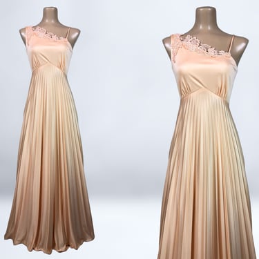 VINTAGE 70s Peach Crystal Pleated Grecian Cold Shoulder Maxi Dress M/L | 1970s Long Empire Waist Hostess Disco Dress | VFG 