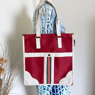 Vintage 70's Striped Tote Bag, Zip Closure, Dark Red 