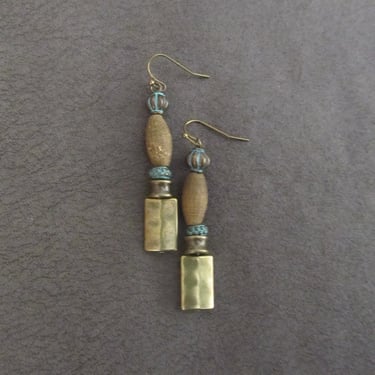 Long bronze earrings, patina earrings, dangle earrings, mid century modern earrings, bold druzy agate earrings, hammered metal earrings 