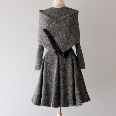 Sublime 1960's Teal Traina Black &amp; White Speckled Wool Dress &amp; Wrap / Sz M/L