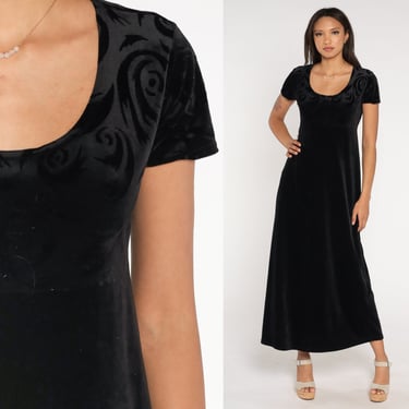 Black Velvet Dress 90s Swirl Print Maxi Dress Goth Empire Waist Party Dress Short Sleeve 1990s Gothic Vintage Scoop Neck Ankle Length Medium 