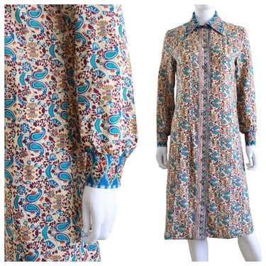 1970s Batik Print Boho Day Dress - 70s Boho Dress - Vintage Boho Dress - 70s Paisley Dress - 70s Autumn Dress - 70s Fall Dress | Size Small 
