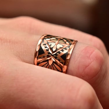Copper Toned Adjustable Cuff Ring with Black and Silver Accented Design 