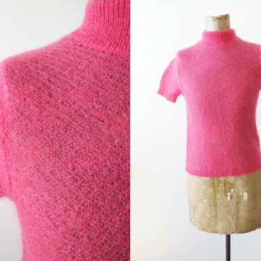 Vintage Y2K Hot Pink Mohair Knit Mockneck Shirt S - 2000s Neon Open Knit Semi Sheer Fuzzy Office Top 