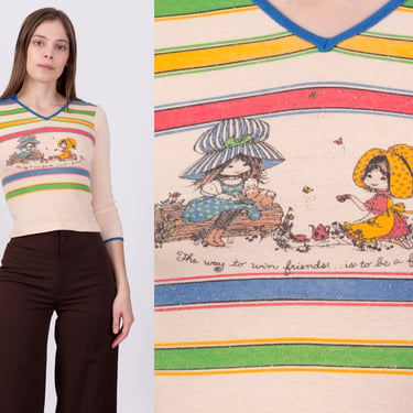 70s Petticoats & Pantaloons Crop Top Tee - XXS | Vintage Novelty Cartoon Graphic Striped Collared Shirt 