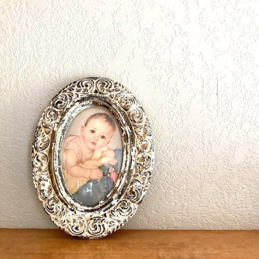 vintage baby portrait in ornate gold plaster frame convex glass 