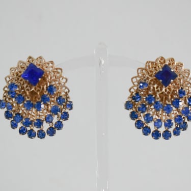 1950s Blue Rhinestone Dangles Clip Earrings 