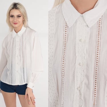 White Cutout Blouse 70s Floral Lace Top Long Sleeve Button up Shirt Cutwork Cut Out Boho Summer Hippie Pleated Vintage 1970s Medium M 