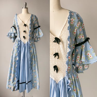 1930s does Colonial Dress Floral Cotton Ruffle Peasant M 
