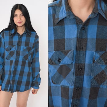 Vintage Buffalo Plaid Shirt 90s Blue Distressed Button up Shirt Black Retro Checkered Long Sleeve Paint Splatter Cotton 1990s Men's Large L 