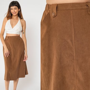 90s A-Line Skirt Brown High Waisted Midi Skirt Retro Basic Professional Secretary Dark Academia Pocket Plain Simple Vintage 1990s 4P Small 