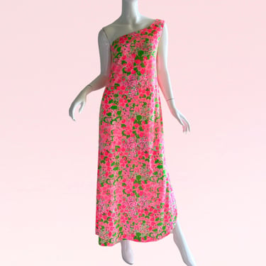 1970s Vintage Vanda Key West Psychedlic Maxi Dress, Grecian One Shoulder Floral Neon Gown M L 