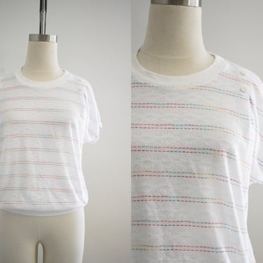 1980s White Knit Multi-Colored Striped Shirt 