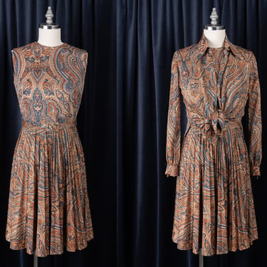 Vintage 1970s Double-Knit Paisley Pleated Sleeveless Belted Dress with Matching Button Down Shirt 