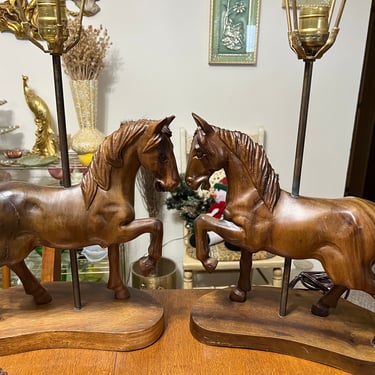 Vintage Horse Lamps Wooden Horse Statues Set of 2 