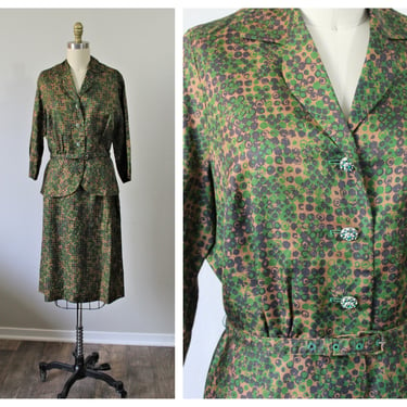 Vintage 40s 1940s Army Green Bronze Peplum Dress Suit capped sleeve Peg Palmer WW2 Olive // Modern Size US 8 10  Med Large 