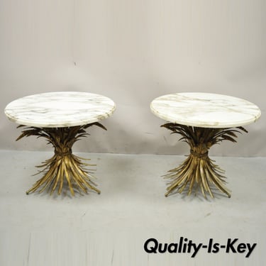 Pair Italian Hollywood Regency Gold Gilt Iron Wheat Sheaf Marble Top Side Table