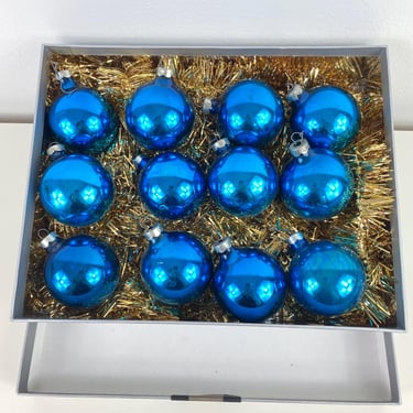 Vintage Blue Orb Christmas Ornament Set of 12, Mercury Glass Balls, Old Christmas Tree Ornaments, Blue Metallic Luxury Baubles, Made in USA 