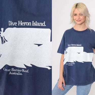 Vintage Dive Heron Island Shirt Scuba Diving Shirt 90s Great Barrier Reef Australia Retro TShirt Diver Blue 1990s Graphic Tshirt Large L 