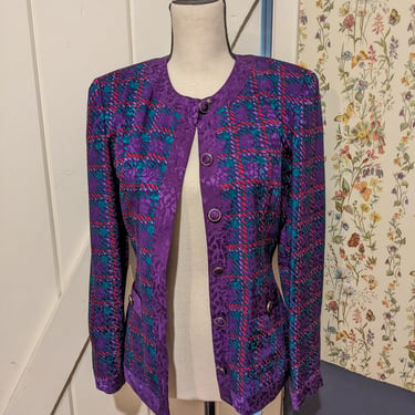 Fun Vintage Purple Plaid Print 100% Silk Blazer Top 