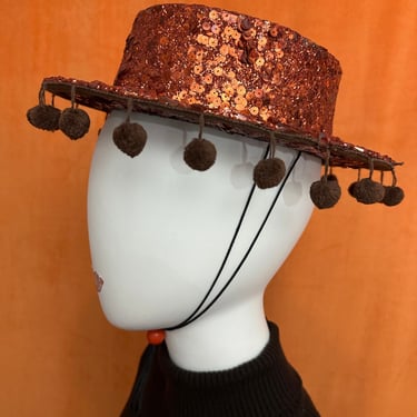 Fantastic Vintage 60s 70s Warm Brown Glitter Sombrero Hat with PomPoms 