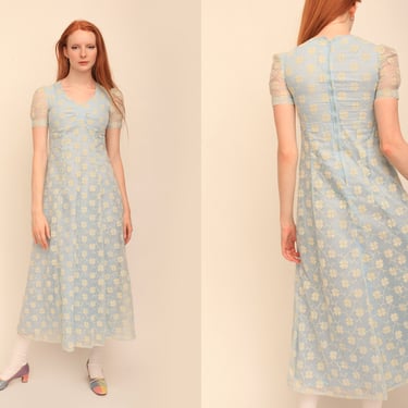 Vintage 1930s Baby Blue Powder Blue Geometric Flocked Full Length Maxi Gown w/ Pouff Sleeves and Sweetheart Neckline Empire Waist 